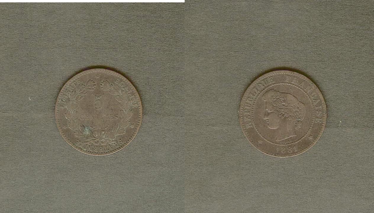 5 centimes Cérès 1881 Paris TB+